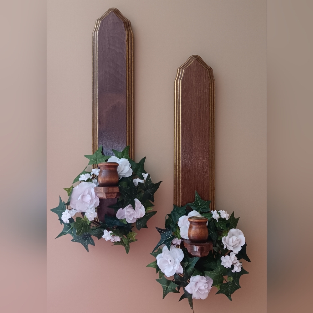 Vintage Home Interiors Gold Trimmed Wooden Candle Holders.